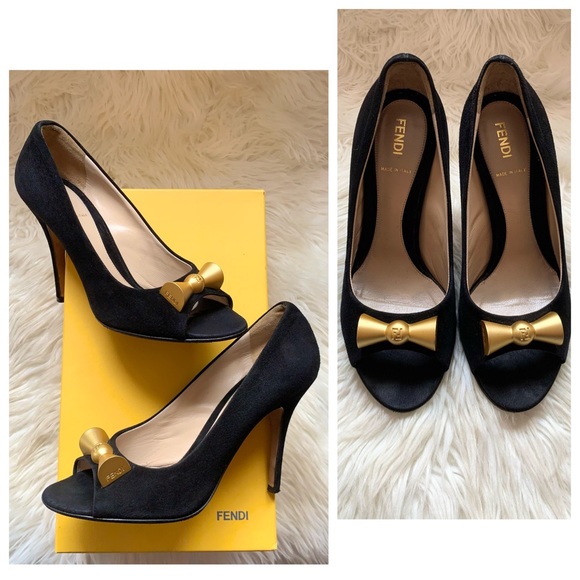 Fendi Shoes - FENDI FF Logo Bow Open Toe Suede Leather Pumps